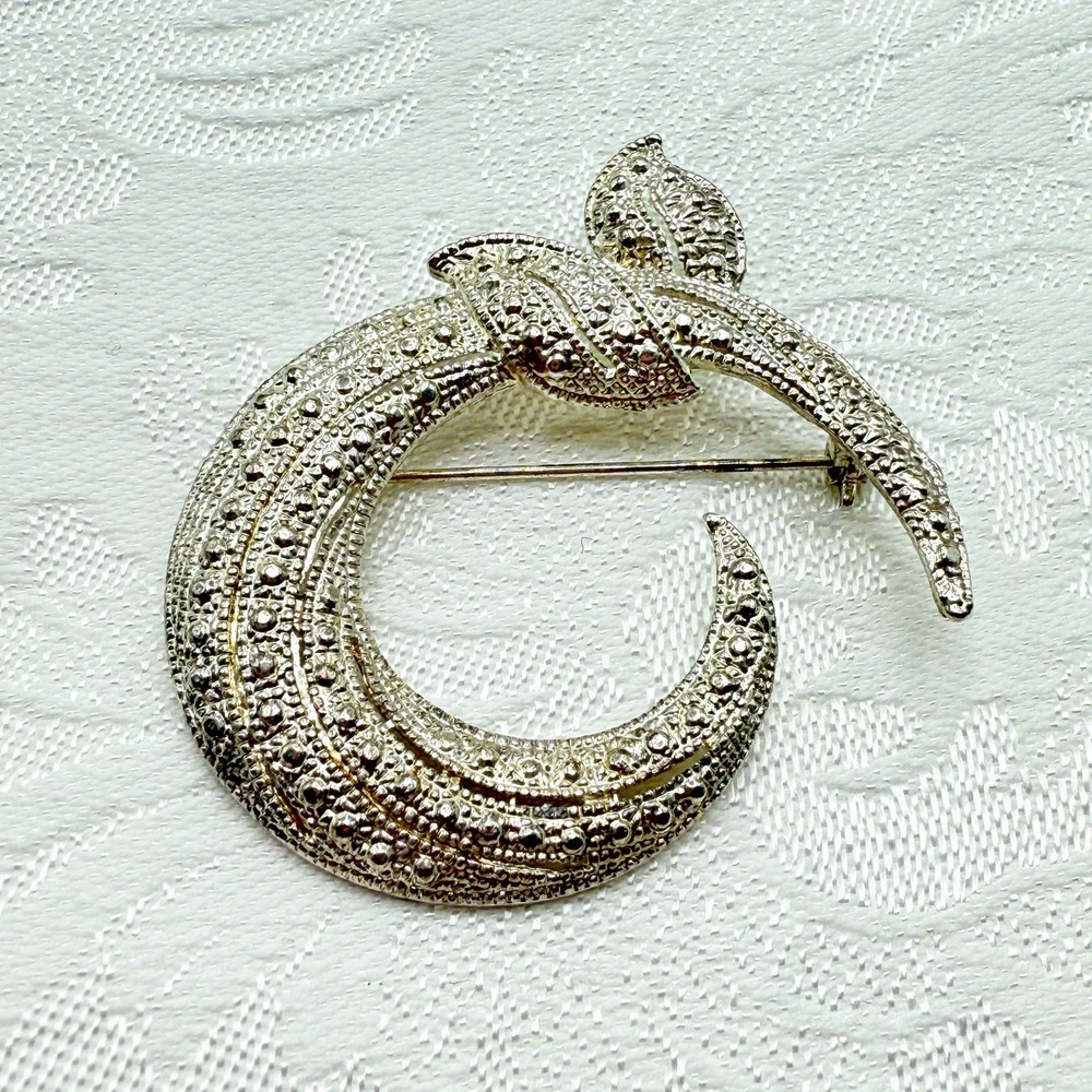 Vintage Silver Tone Abstract Modernist Swirl Two Leaf Brooch Pin